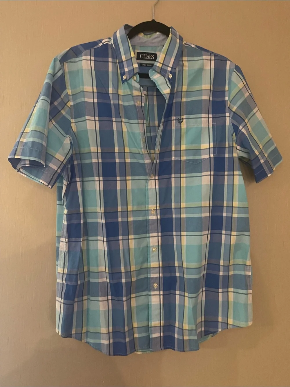 Chaps men’s large button down polo plaid blue easy care